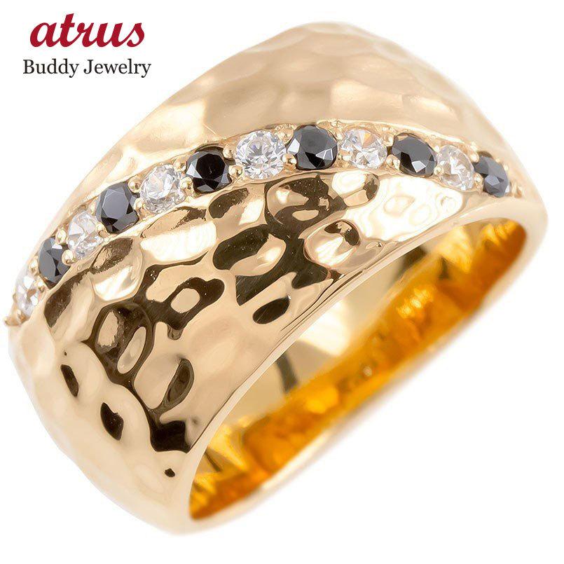 18金 リング メンズ ダイヤモンド ブラックダイヤモンド 幅広 指輪 槌目 槌打ち ロック仕上げ つや消し ピンクゴールドk18 ピンキーリング 送料無料 人気