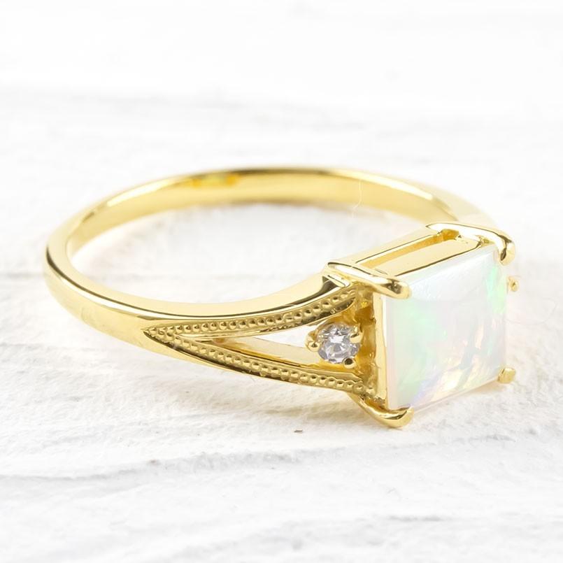 18金 リング エチオピアオパール ダイヤモンド レディース 指輪 18k イエローゴールド ミル打ち 婚約指輪 ピンキーリング シンプル 送料無料 セール saleの画像