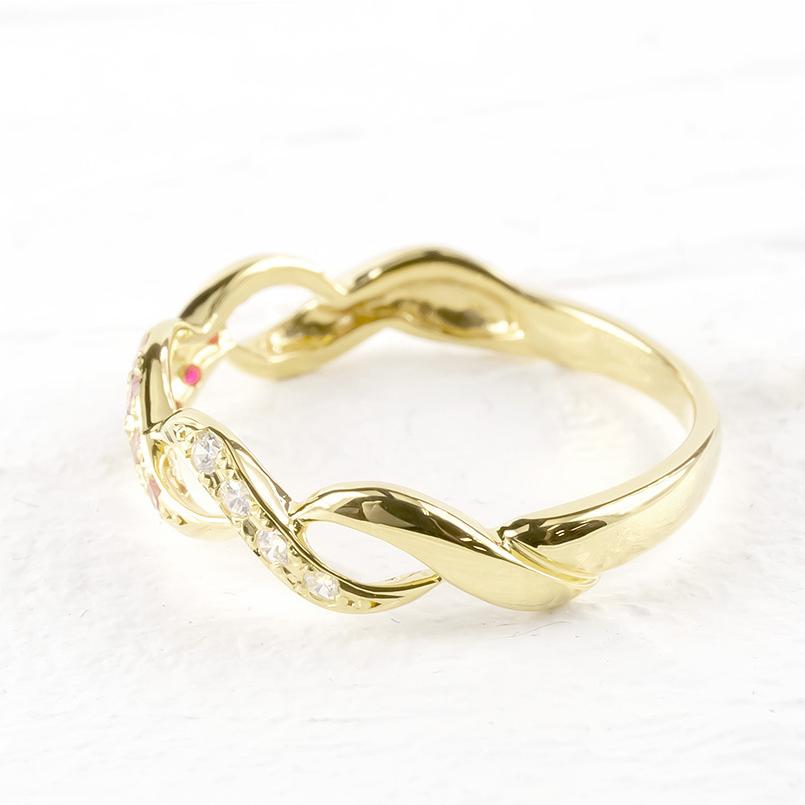 18金 リング ダイヤモンド ピンクトルマリン ルビー スクロール 指輪 ゴールド 18k イエローゴールドk18 婚約指輪 ダイヤ 安い 送料無料 セール saleの画像