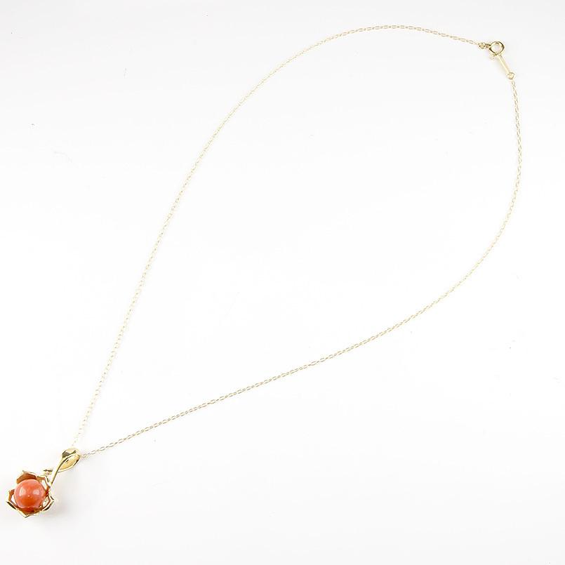 18金 ネックレス サンゴ 一粒 大粒 花 ゴールド 18K イエローゴールドK18 アズキチェーン 花びら 透かし 珊瑚 人気 送料無料 セール saleの画像