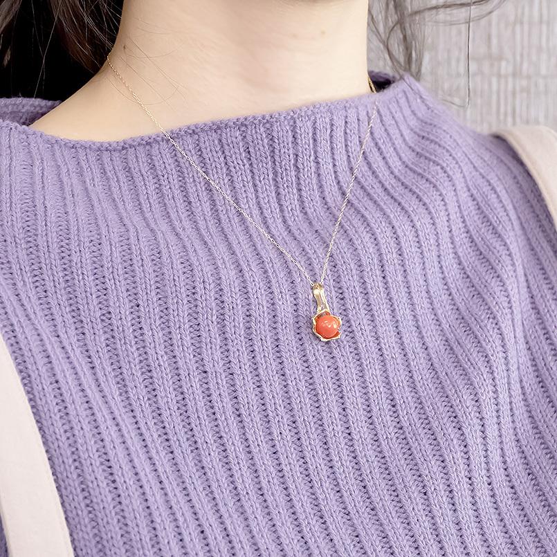 18金 ネックレス サンゴ 一粒 大粒 花 ゴールド 18K イエローゴールドK18 アズキチェーン 花びら 透かし 珊瑚 人気 送料無料 セール saleの画像
