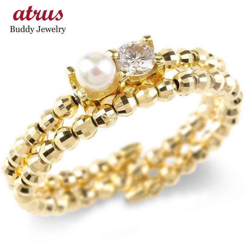 国内配送 18金 フリーサイズ リング 2連 ダイヤモンド パール 形状記憶 ゴールド 18k イエローゴールドk18 ミラーボール あこや真珠 指輪 あすつく 送料無料 肌触りがいい Www Doctor Plan Com