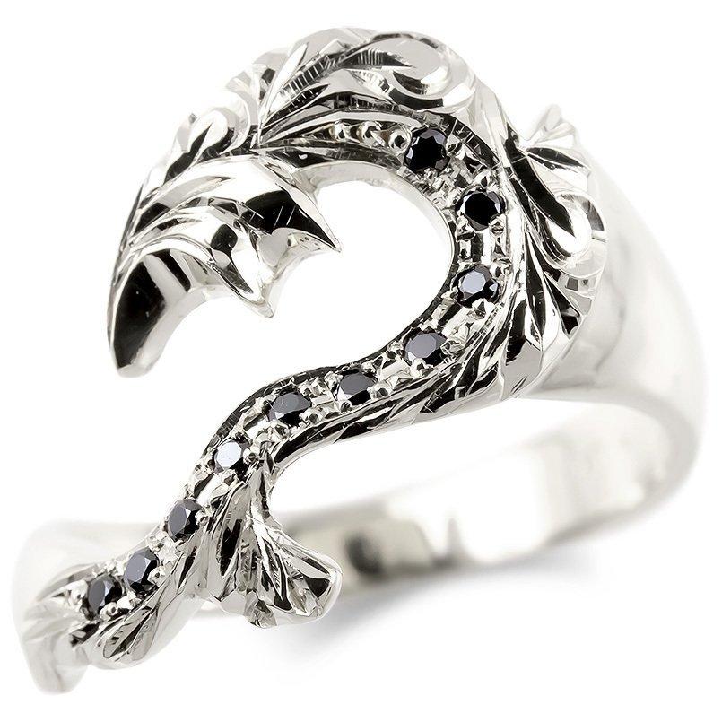 プラチナ リング メンズ ハワイアンジュエリー ブラックダイヤモンド フィッシュフック 指輪 pt900 幅広 ピンキーリング 男性 送料無料 人気 セール SALE