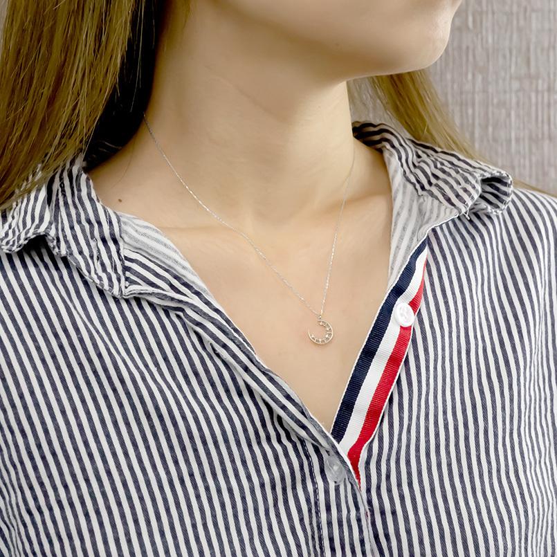 18金 ネックレス ダイヤモンド 三日月 レディース ゴールド 18K ホワイトゴールドK18 アズキチェーン ミル打ち ムーン あすつく 送料無料 人気 セール SALE_6