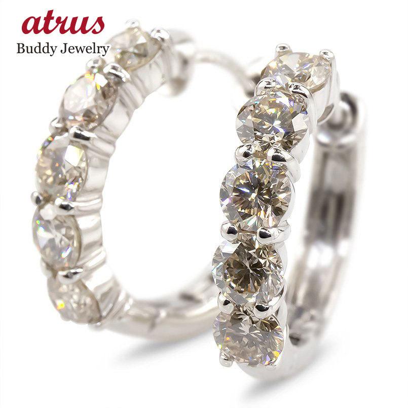 プラチナ フープピアス ライトブラウンダイヤモンド 2ct 大粒 中折れ式  