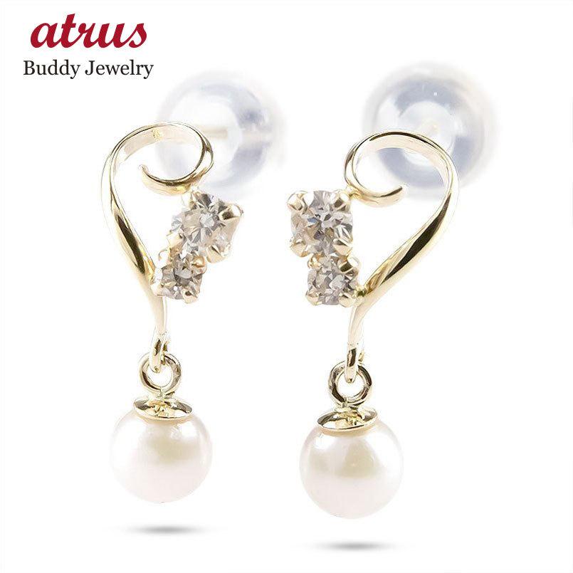ゴールド ピアス ペア パール アコヤ真珠 ダイヤモンド スタッドピアス 揺れる 10金 10k イエローゴールドk10 女性 ゆれる フォーマル あすつく 送料無料