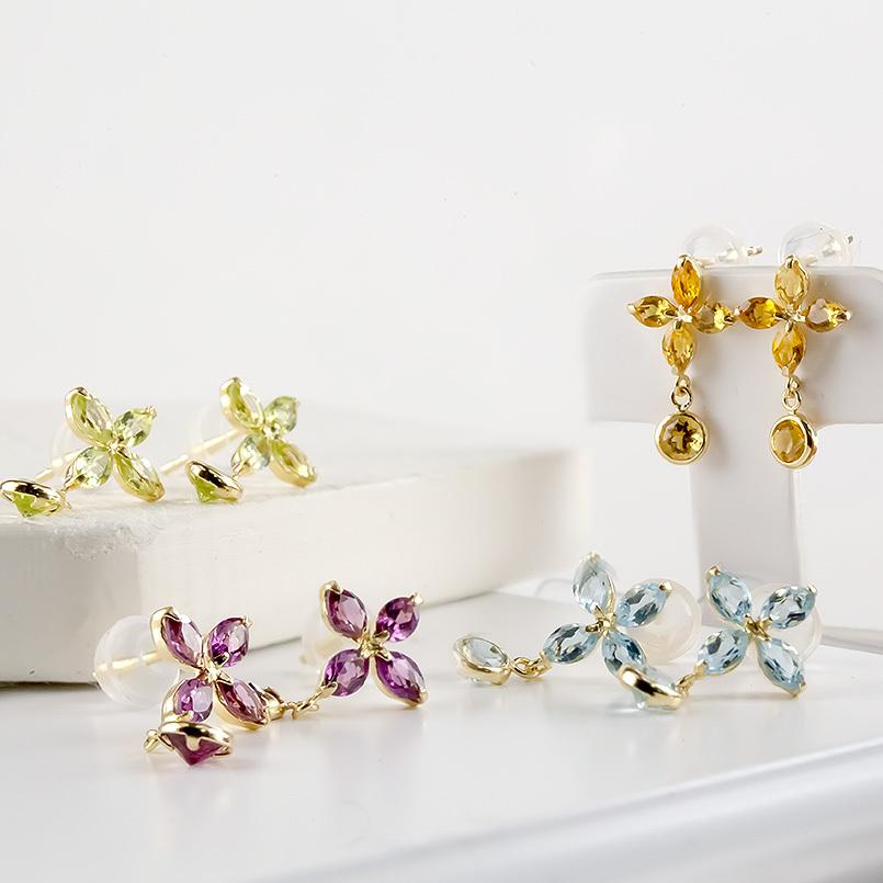 新品 k18 天然石フラワーピアス 18金