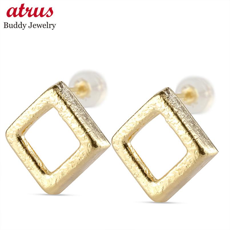 K18ピアス イェーローゴールド シンプル 方形 中空