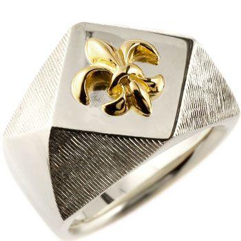 k18 メンズ リング 18金 印台リング 幅広 ユリの紋章 シルバー イエローゴールドk18 コンビリング ストレート 男性 フルール・ド・リス セール SALE