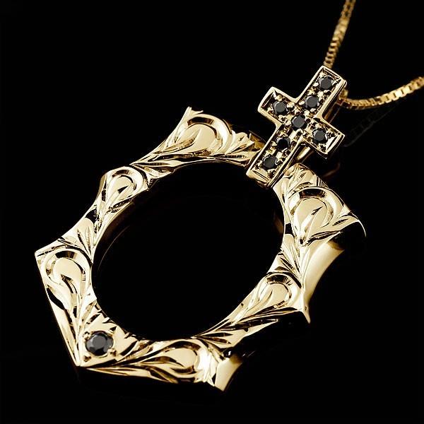 18金ネックレス トップ メンズ ハワイアンジュエリー ブラックダイヤモンド 馬蹄 イエローゴールドk18 クロス 十字架 ホースシュー バテイ 18ｋ セール SALE