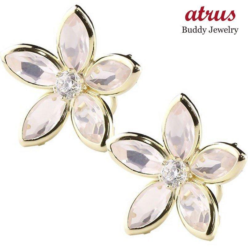 18金 ピアス 桜 ダイヤモンド ローズクオーツ ペア レディース