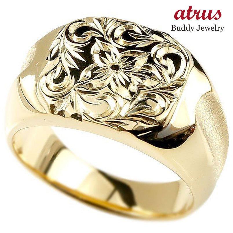 値引 ハワイアンジュエリー メンズ リング 印台 イエローゴールドk18 指輪 幅広 ハワイアン スクロール プルメリア 18金 男性用 トレジャー ハンター 送料無料 注目ブランド Loopbiketours Com