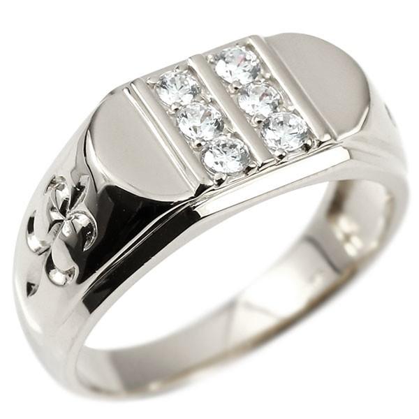 メンズ リング キュービックジルコニア ホワイトゴールドk18 ユリの花 幅広 印台 指輪 リング シンプル ピンキーリング 18金 フルール・ド・リス 人気