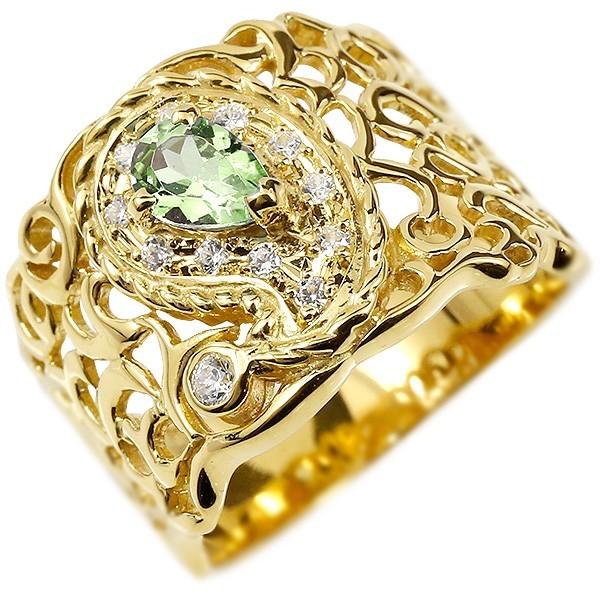 完成品 ペリドット ダイヤモンド ペイズリー リング イエローゴールドk10 10金 エンゲージリング 幅広 透かし ピンキーリング指輪 ダイヤ 婚約指輪 エンゲージリング