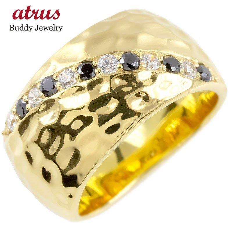 18金 リング メンズ キュービックジルコニア 幅広 指輪 槌目 槌打ち ロック仕上げ つや消し イエローゴールドk18 ピンキーリング 送料無料 人気 セール SALE