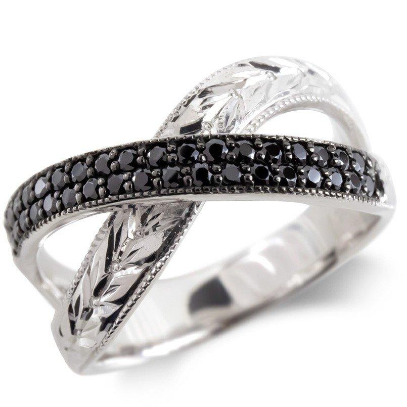 婚約指輪 安い ゴールド リング ブラックキュービックジルコニア 月桂樹 指輪 ミル打ち ホワイトゴールドk10 エンゲージリング ピンキーリング 幅広 人気