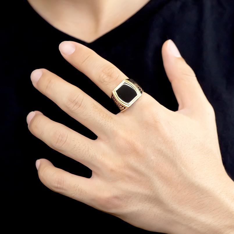 シルバー リング メンズ オニキス エナメル 指輪 sv925 イエローメッキ