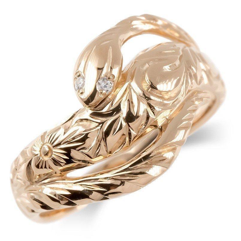 18金 リング メンズ ハワイアン ダイヤモンド 蛇 指輪 スネークリング ゴールド 18k ピンクゴールドk18 幅広 ピンキーリング ヘビ ダイヤ 送料無料 人気