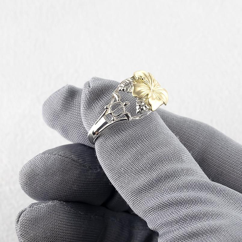 プラチナ 18金  レディース ダイヤモンド ハワイアンジュエリー 太め 幅広 pt900 ゴールド 18k 透かし コンビ 指輪 婚約指輪 リングの画像