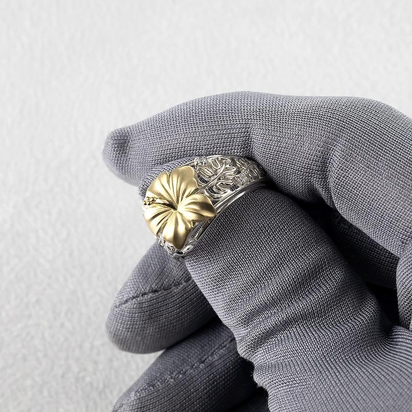 プラチナ 18金  レディース ダイヤモンド ハワイアンジュエリー 太め 幅広 pt900 ゴールド 18k 透かし コンビ 指輪 婚約指輪 リングの画像