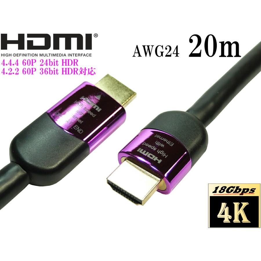ハイグレード 4K2K 60p 4.4.4 24bit HDR HDMI2.0動作保証 アクティブイコライザー式 HDMIケーブル 20m High speed with ethernet