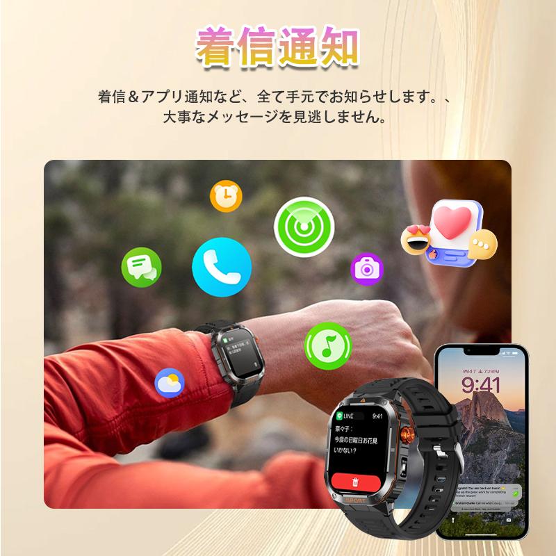 スマートウォッチ 軍用規格 血中酸素 心拍数 懐中電灯 GPS運動記録 IP68防塵防水 着信通知 長持ちバッテリー 健康管理 iphone/Android 母の日 送料無料の画像