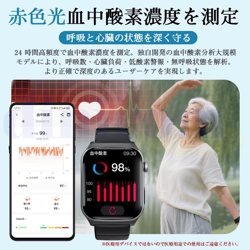 スマートウォッチ 日本製センサー 医療レベル心電図ECG+PPG 血圧/糖 血中酸素 体温測定 高精度心拍数 睡眠管理 呼吸率 歩数計 Line着信通知 iphone/Androidの画像
