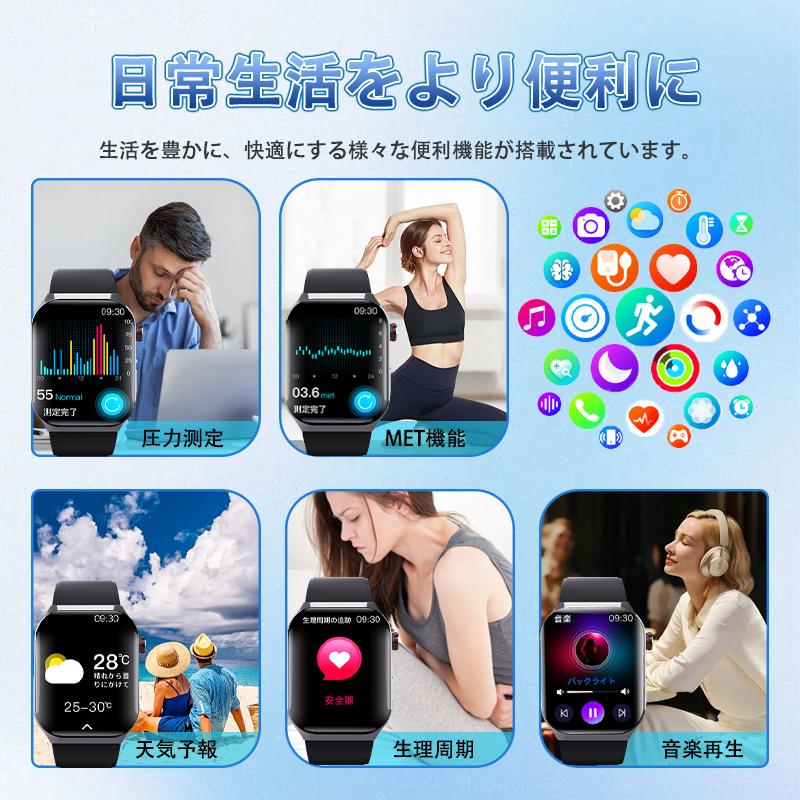 スマートウォッチ 日本製センサー 医療レベル心電図ECG+PPG 血糖評価 血圧 血中酸素 24時間体温測定 心拍数 睡眠管理 呼吸率 歩数計 着信通知 iphone/Androidの画像