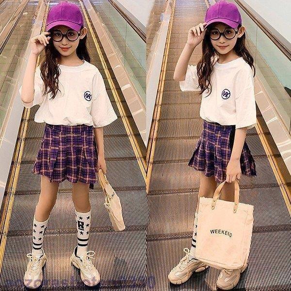 子供服 セットアップ キッズ 女の子 夏 2点セット 上下セット Tシャツ 半袖 ミニスカート チェック柄 ジュニア おしゃれ 可愛い カジュアル 小学生 新品 150cm 現品限り一斉値下げ