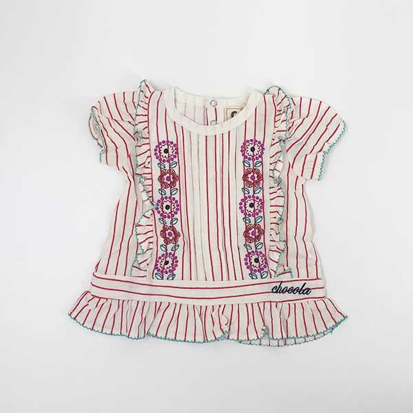 ●均一セール●ショコラ（chocola）　ストライプ　お花刺繍　フリル　Tシャツ（90cm・100cm・110cm・120cm・130cm・140cm）アウトレット 子ども服 女の子 |  | 01