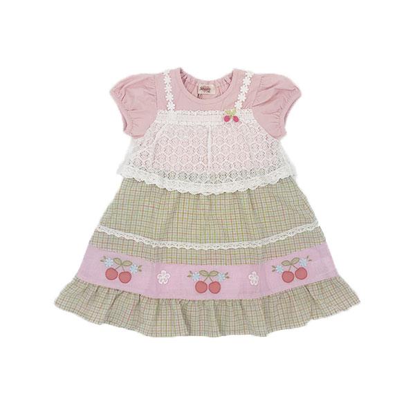 ●50％OFFセール●スーリー Souris チェック柄 レース チェリー 重ね着風半袖ワンピース（100cm・110cm・120cm）　アウトレット | Souris | 01