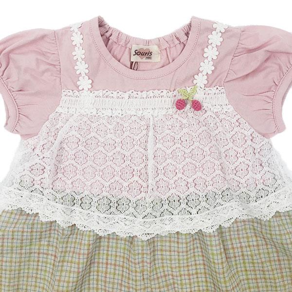 ●50％OFFセール●スーリー Souris チェック柄 レース チェリー 重ね着風半袖ワンピース（100cm・110cm・120cm）　アウトレット | Souris | 03