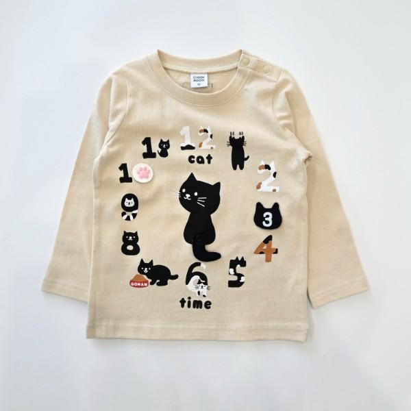 ●40％OFFセール●チークルーム cheek room ねこ時計　ロング　Ｔシャツ　長袖  ( 80 90 100 110 120 130 )    ロンT　猫 ネコ | CHEEK ROOM | 01