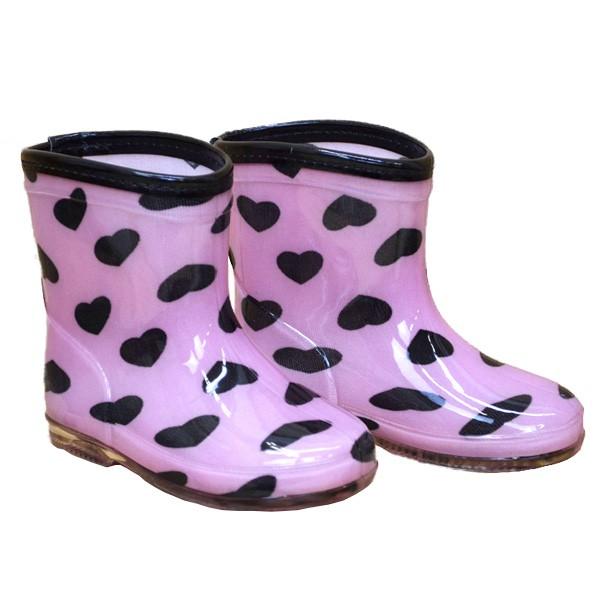 ●均一セール●キッズレインブーツ　ピンク×黒ハート柄（14cm・15cm）女の子　レイングッズ　長靴　雨具　アウトレット | 