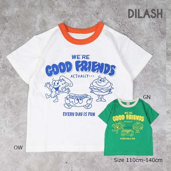 ディラッシュ　DILASH ファーストフード柄　半袖Ｔシャツ (110・120・130・140)子ども服　男の子　小学生　キッズ　ポップ　DL25ES023　オフホワイト　グリーン | DILASH