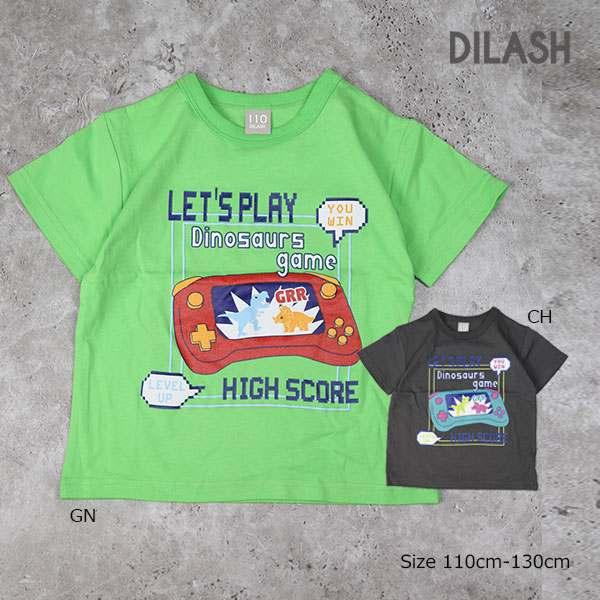 ディラッシュ　DILASH ゲーム柄　半袖Tシャツ (110・120・130)子ども服　女の子　男の子　小学生　キッズ　ポップ　DL25ES027　グリーン　チャコール | DILASH