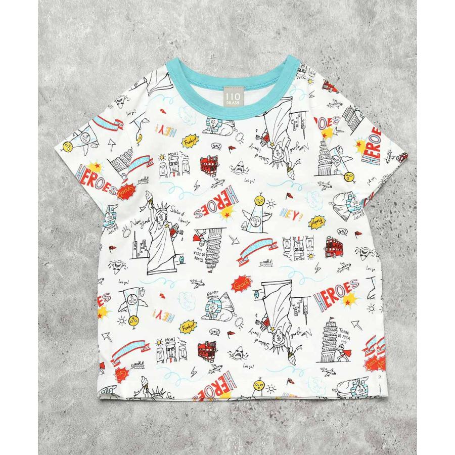 ディラッシュ DILASH 【お揃い可◎・綿100%】世界を旅する！手書き風イラスト総柄Tシャツ ( 90 100 110 120 130 140 ） | DILASH | 03