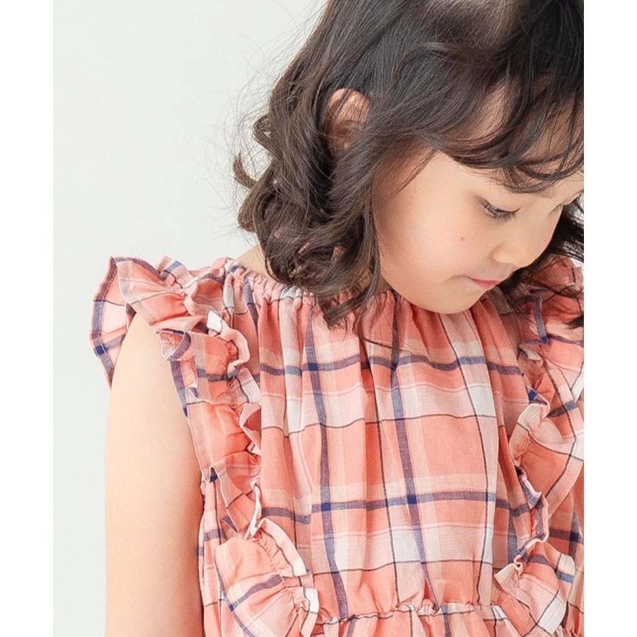 ラポシェビスキュイ La poche biscuit 爽やかチェック柄 肩フリルノースリーブワンピース  ( 110 120 130 140 ) | la poche biscuit | 14