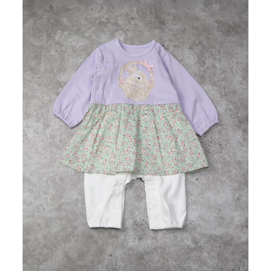 ラポシェビスキュイ La poche biscuit うさぎ　プリント＆小花柄切替 カバーオール ( 70 80 )　　長袖　花柄　女の子 | la poche biscuit | 01