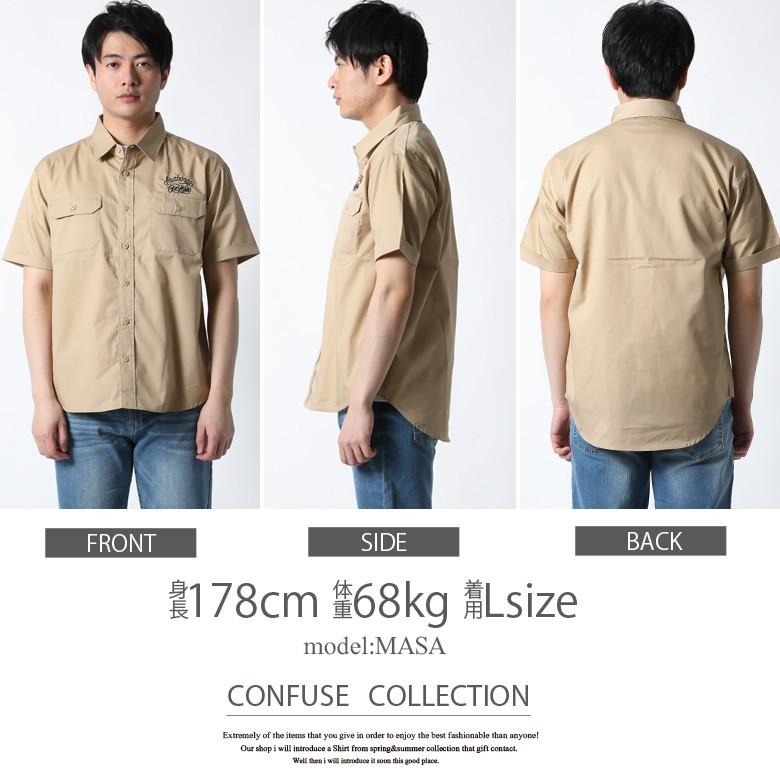 クラウン刺繍 ベージュ ワークシャツアメカジ長袖 CONFUSE オープンカラーシャツ ワークシャツ 開襟 シャツ メンズ