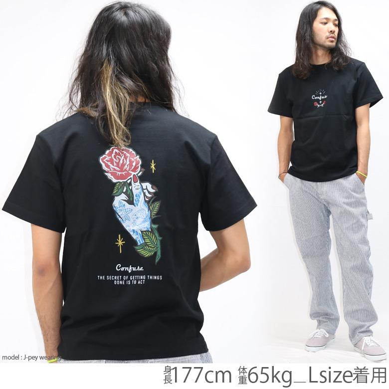 CONFUSE Tシャツ メンズ 半袖 ティーシャツ タトゥー柄 薔薇 ローズ 