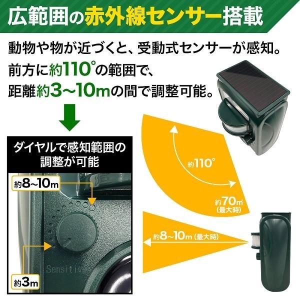 猫よけ 動物よけ 鳥よけ 2個セット 動物撃退器 獣害対策 ソーラー充電式 超音波 警報音 光 動体検知 防水 防鳥｜attention8-25｜04