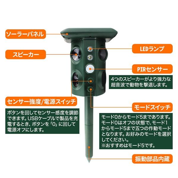 動物撃退器 超音波 モグラ 猫 動物撃退 ソーラー式 効果 害獣撃退 忌避 害鳥 動物 対策 駆除 音 電池 ネコ カラス ベランダ アニマルトラップ｜attention8-25｜06