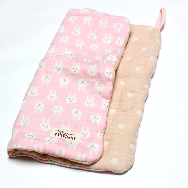 ガーゼハンカチ 8重ガーゼ ループ付 28×30 ウサギ うさぎ 顔 ピンク 
