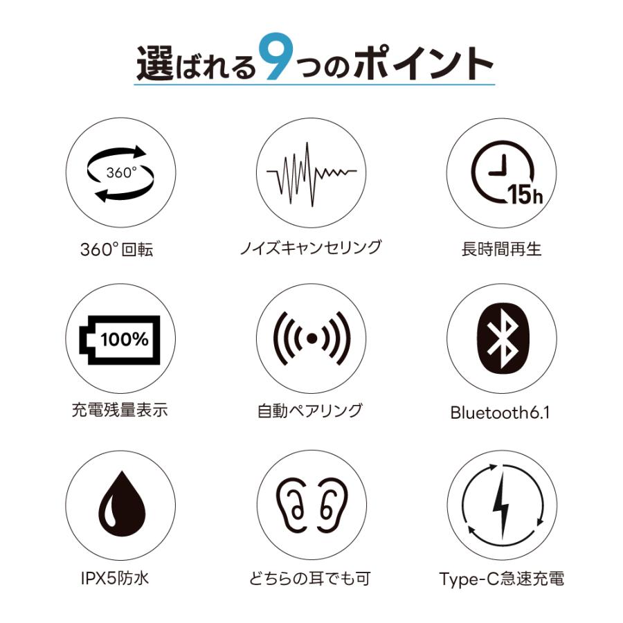 耳掛け型 ワイヤレスイヤホン Bluetooth 6.1 ノイズキャンセリング iPhone android Type-C 15h再生 片耳 i33 | ブランド登録なし | 01