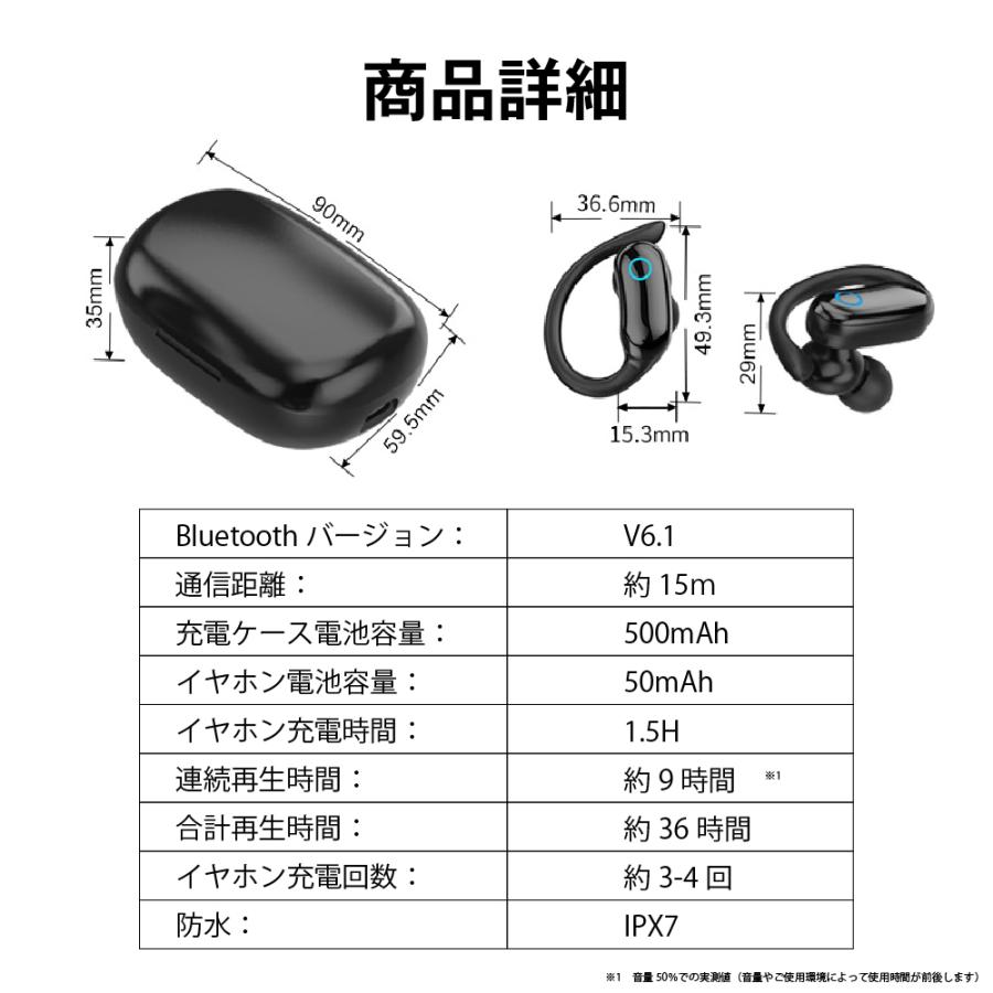 耳掛け型 ワイヤレスイヤホン Bluetooth 6.1 iPhone android 9h再生 マイク 片耳 両耳 通話 防水 Type-C T07 | ブランド登録なし | 12