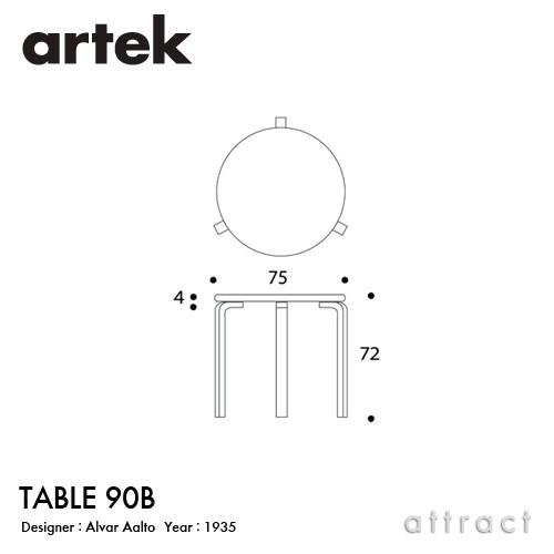 Artek アルテック TABLE 90B テーブル Φ75cm （厚み 4cm） 3本脚 バーチ材 天板 （ホワイト） 脚部 （クリアラッカー） デザイン：アルヴァ・アアルトの画像