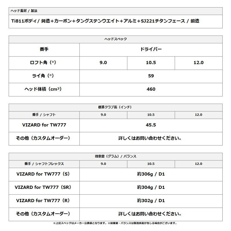 カスタム 右打用 本間ゴルフ ツアーワールド TW777 マックス ドライバー ヴィザード プラチナム カーボンシャフト ホンマ HONMA TW777 MAX (2025)の画像
