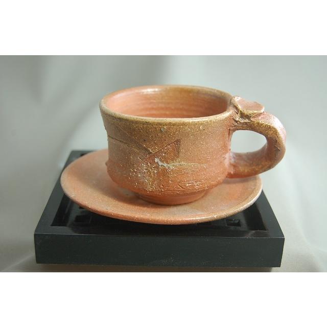 fko-6 焼締　コーヒーカップ　＆ソーサー文部大臣奨励賞受賞作家　荒川明作 木箱付き