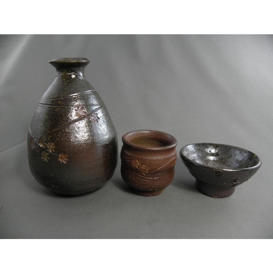 fts-1 焼締紅葉文様 徳利 ぐいのみ２ヶセット 文部大臣奨励賞受賞作家 荒川明作 木箱付き